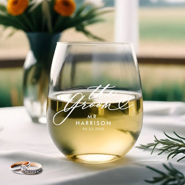 Verre À Vin Sans Pied Groom Elegant Script Grooms Nom Mariage Date (The Groom Elegant Script Grooms Name Wedding Date Stemless Wine Glass)