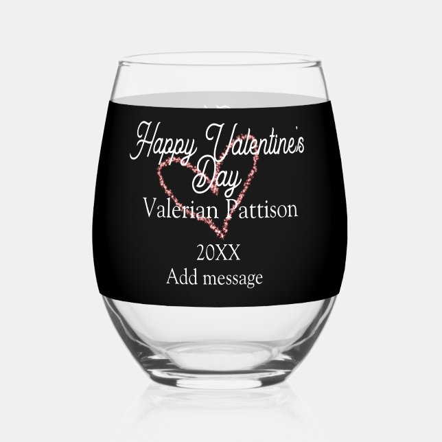 Verre À Vin Sans Pied Happy Valentine's day red glitter heart black name (Recto)
