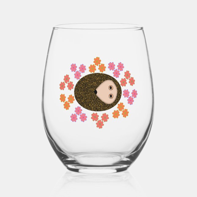Verre À Vin Sans Pied Hérisson dormant et fleurs (Recto)