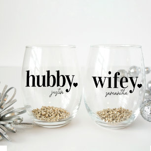 Verre À Vin Sans Pied Hubby & Wifey   Nom personnalisé Nouveaux mariés