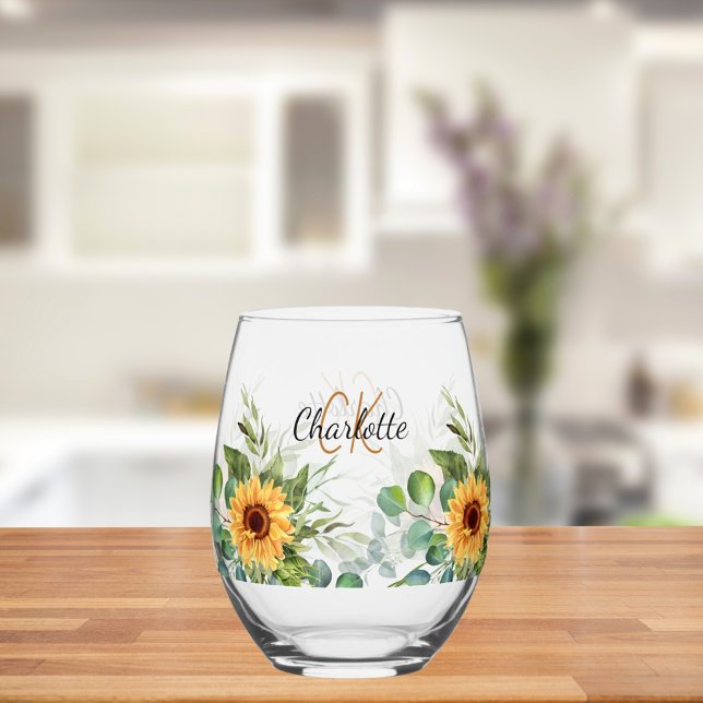 Verre À Vin Sans Pied Initiales de monogramme personnalisé tournesols (Créateur téléchargé)
