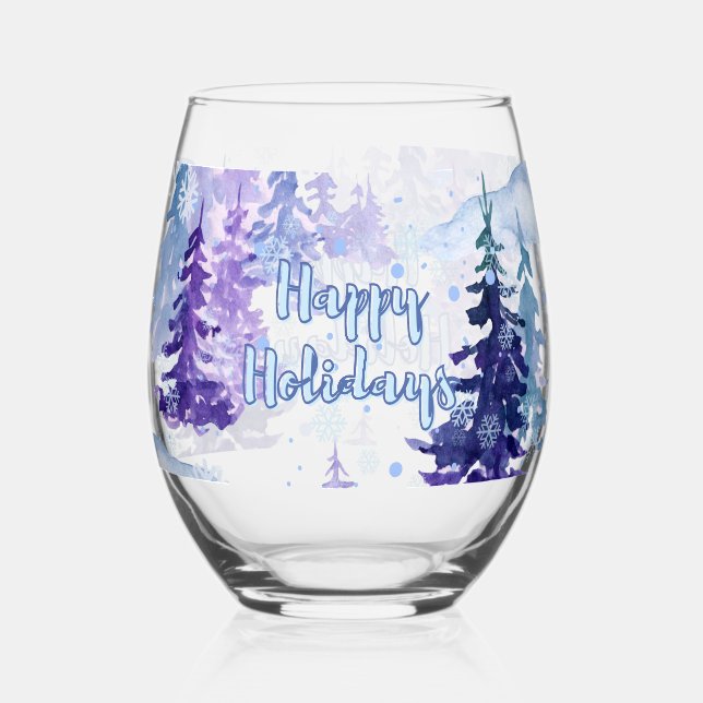 Verre À Vin Sans Pied Joyeuses vacances Purple hiver Snowy Trees (Recto)