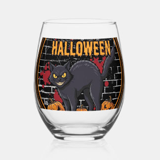 Verre À Vin Sans Pied Joyeux Halloween Chat Noir Citrouilles Os_1