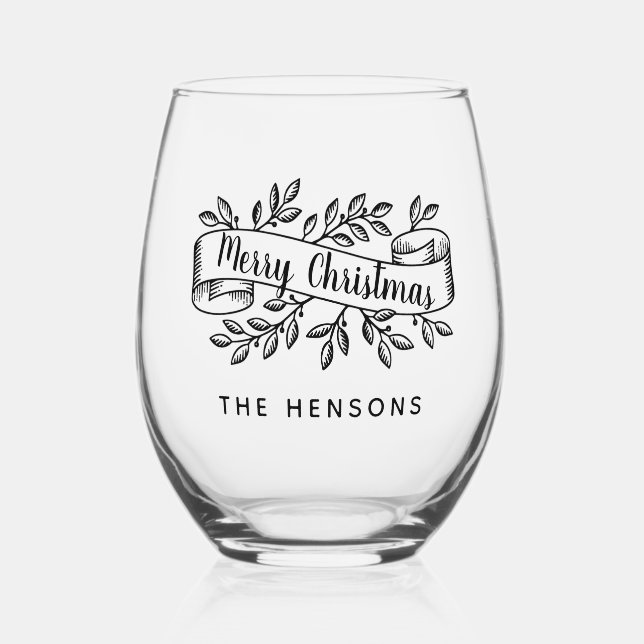 Verre À Vin Sans Pied Joyeux Noël Rustique Ruban Nom de famille (Verso)