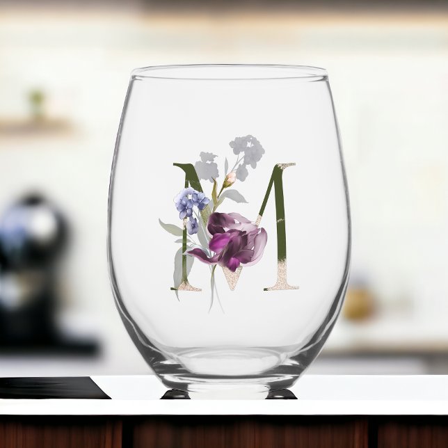 Verre À Vin Sans Pied LETTRE INITIALE M FÉININE MONOGRAPHIQUE Floral (Créateur téléchargé)
