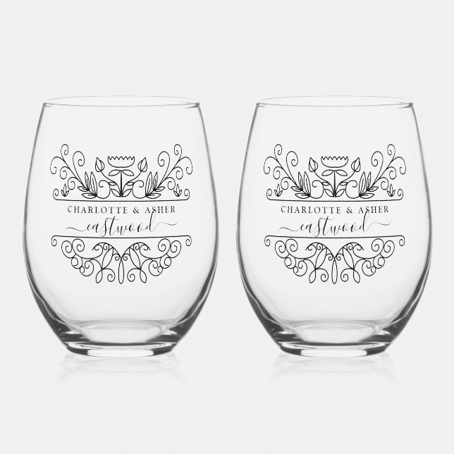 Verre À Vin Sans Pied Logo du nom du couple mariage (Recto)