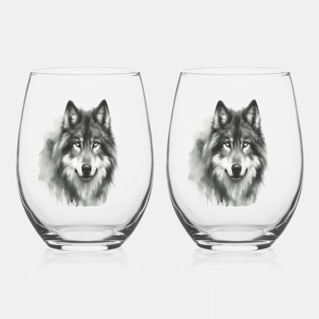 Verre À Vin Sans Pied Loup gris majestueux étonnant Aquarelle Faune (Recto)