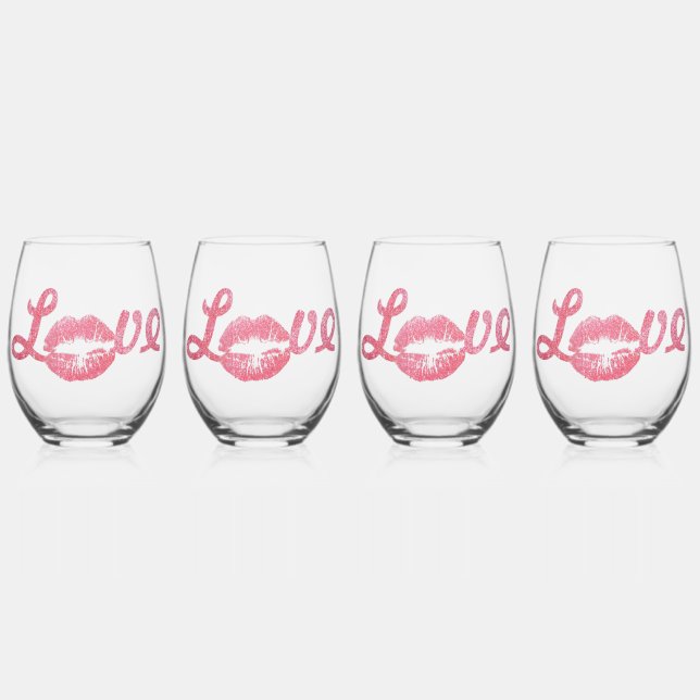 Verre À Vin Sans Pied Love Parties scintillant rose Lipstick Kiss (Recto)
