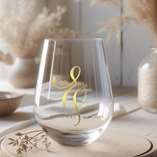 Verre À Vin Sans Pied M. & Mme Or Calligraphie Esperluette Mariage