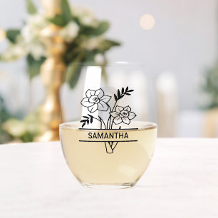Verre À Vin Sans Pied Marche personnalisée Mois de naissance Fleur Nom d