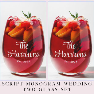 Verre À Vin Sans Pied Mariage de monogramme blanc élégant