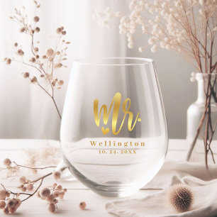 Verre À Vin Sans Pied Mariage Élégant Monsieur Or Calligraphie Cœur