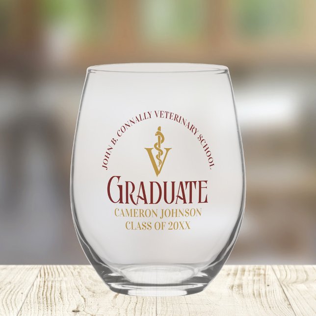 Verre À Vin Sans Pied Maroon Gold Vétérinaire École Diplôme Personnalisé (Créateur téléchargé)