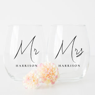Verre À Vin Sans Pied Minimal Moderne M. Mme Script Newlyweds