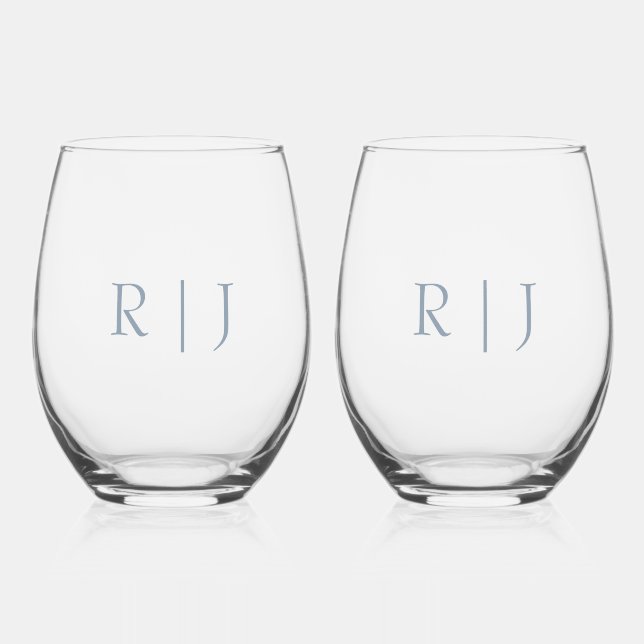 Verre À Vin Sans Pied Monogramme bleu poussiéreux Initiales Mariage mini (Recto)