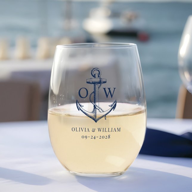 Verre À Vin Sans Pied Monogramme d'Ancre Mariage nautique (Créateur téléchargé)