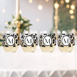 Verre À Vin Sans Pied Monogramme de léopard noir et blanc
