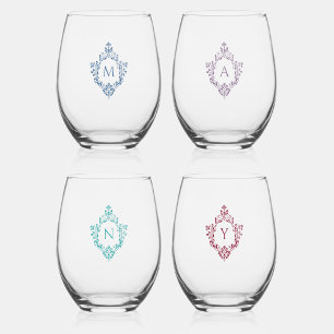 Verre À Vin Sans Pied Monogrammes Vintage Crest bleu pourpre Turquoise B