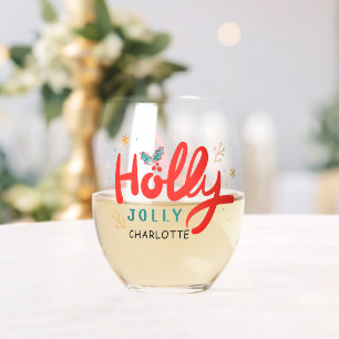 Verre À Vin Sans Pied Noël Holly Jolly Fun Winter Nom personnalisé