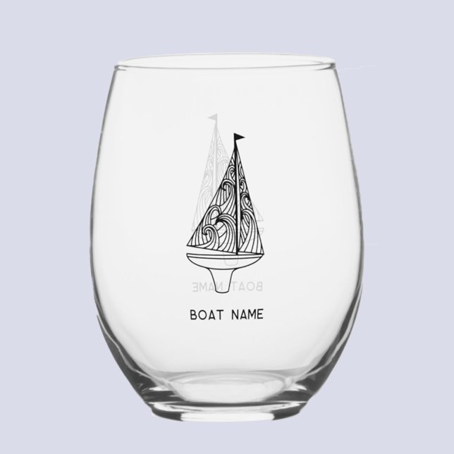 Verre À Vin Sans Pied Nom du bateau à voile (Sailing boat with custom boat name text modern stemless wine glass)