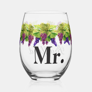 Verre À Vin Sans Pied Nom du mariage Groom M. Aquarelle Raisins