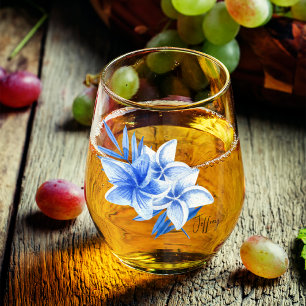 Verre À Vin Sans Pied Nom Élégant Subtil, Frangipaniers Tropicaux Cobalt