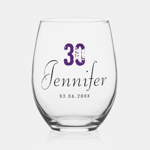 Verre À Vin Sans Pied Numéro d'anniversaire pourpre Date du nom noir