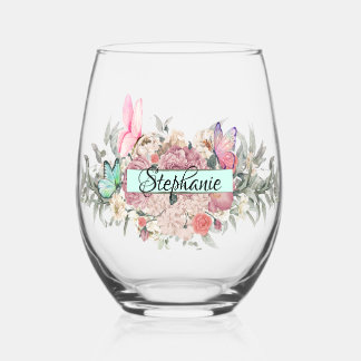 Verre À Vin Sans Pied Papillons Botaniques Personnalisé Fleurs élégantes