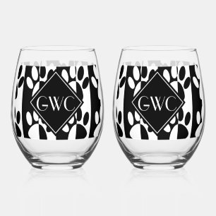 Verre À Vin Sans Pied Patrouilles De Chien Noir Et Blanc Et Monogramme D