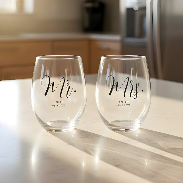 Verre À Vin Sans Pied Personnalisé, M. & Mme' Mariage de script minimal (Créateur téléchargé)