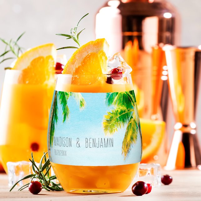 Verre À Vin Sans Pied Plage côtière Rétro Palm Trees Mariage tropical (Créateur téléchargé)
