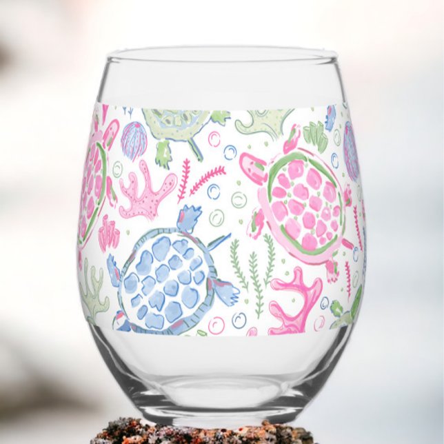 Verre À Vin Sans Pied Preppy Pink Blue Sea Turtles (Créateur téléchargé)