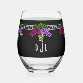 Verre À Vin Sans Pied Raisins Art Déco - Noir, Argent, Violet Monogramme