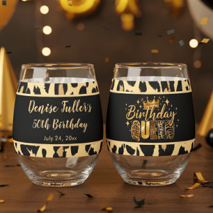 Verre À Vin Sans Pied Reine d'anniversaire Fun Léopard Cinquante Anniver