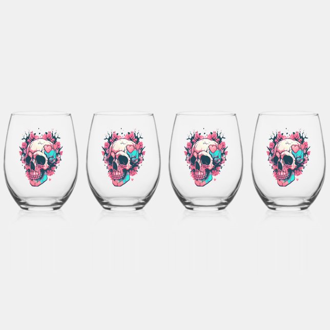 Verre À Vin Sans Pied Retro Thorny Rose crâne cardiaque (Recto)