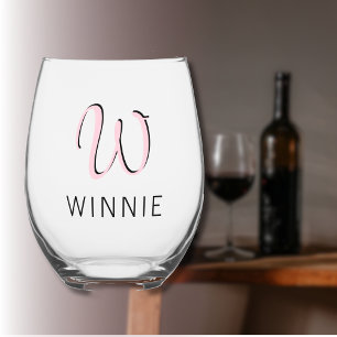 Verre À Vin Sans Pied Rose Pâle Élégant Initial Noir Nom   Moderne 