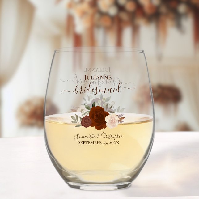 Verre À Vin Sans Pied Rust Orange Rose Bridesmaid Maid of Honor Cadeau (Order individually or in sets)