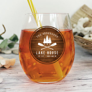 Verre À Vin Sans Pied Rustic Lake House Bateau Arbres Bois Imprimer