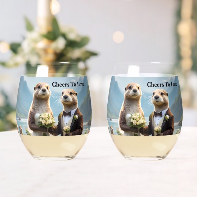 Verre À Vin Sans Pied **"Scellé avec un baiser : Otterly in Love"** (Insitu (Mariage))