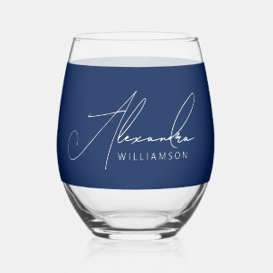 Verre À Vin Sans Pied Simple Bleu Et Blanc Script Moderne Nom Élégant
