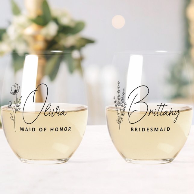 Verre À Vin Sans Pied Simple Moderne Personnalisée Fleur de servante (wildflower floral bridesmaid wine glass with name, bridesmaid proposal, wedding bridal party gifts)