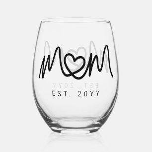 Verre À Vin Sans Pied Simple Script Cœur Noir Mère Maman Établie