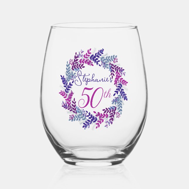 Verre À Vin Sans Pied Soirée élégante rose et violette 50e anniversaire (Recto)