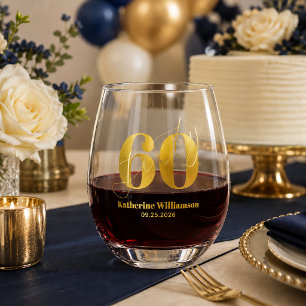 Verre À Vin Sans Pied Soixante Élégant Bleu & Or 60e Anniversaire
