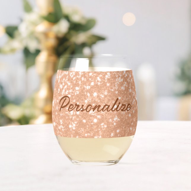 Verre À Vin Sans Pied Sparkly peach faux scintillants Texte personnalisé (Insitu (Mariage))