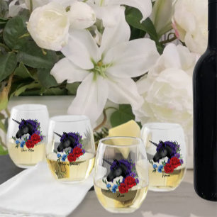 Verre À Vin Sans Pied Unicorne noire violet Fleurs de Sage Rouge