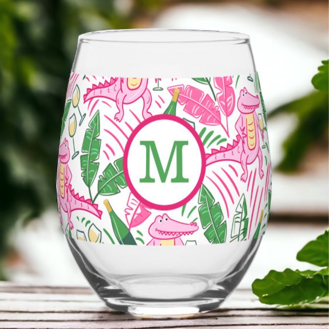 Verre À Vin Sans Pied Vin d'alligator rose monogramme Preppy  (Créateur téléchargé)