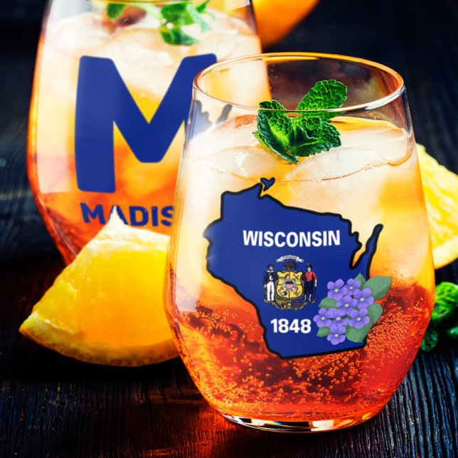 Verre À Vin Sans Pied Wisconsin Drapeau et Fleur Bleu Violet Nom personn (Créateur téléchargé)