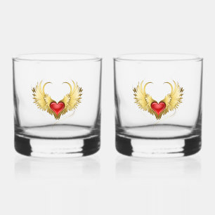 Verre À Whisky Coeur rouge avec ailes d'or