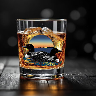 Verre À Whisky Couple de huards Coucher de soleil Bleu Lac Faune